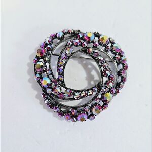 Vintage '50s Signed Florenza Red Aurora Borealis Rhinestone Openwork Brooch Pin